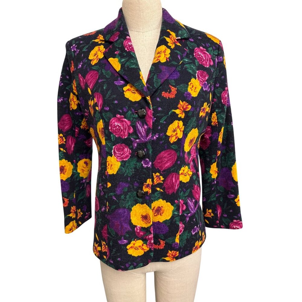 Vintage Womens Floral Blazer Jacket Vibrant Multicolor Flowers and Black Button